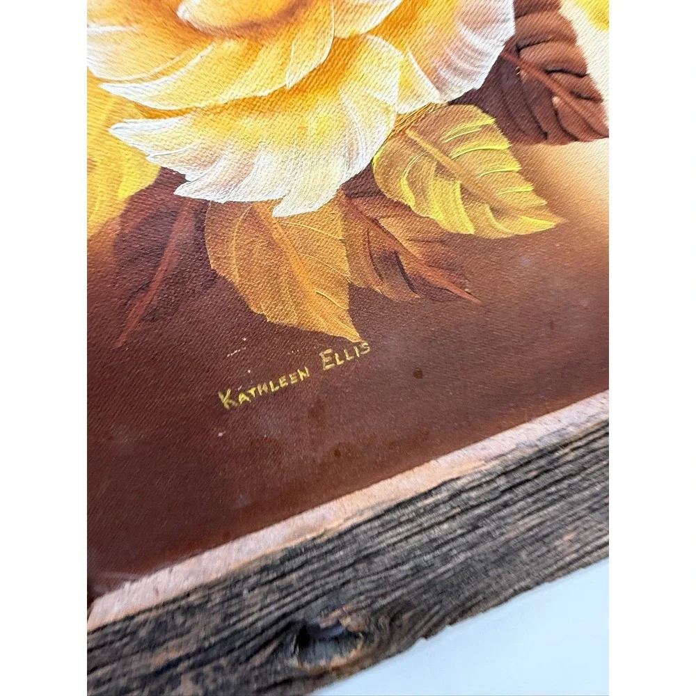 MCM Yellow Roses Oil Painting Carved Wood Frame Aged Vintage Sweet